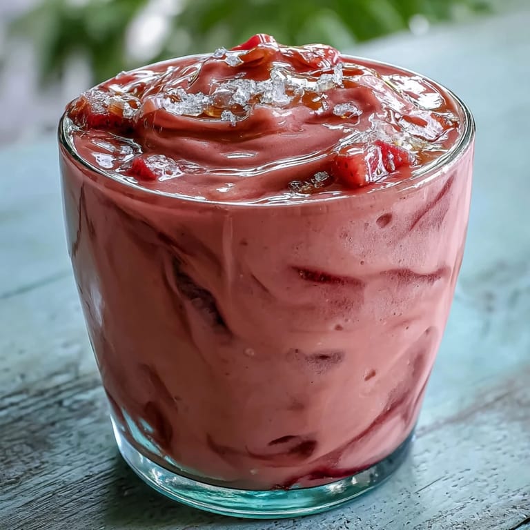 A frosty glass of guava juice smoothie swirled with vibrant mango and strawberry chunks, glistening with condensation on a sunny table.