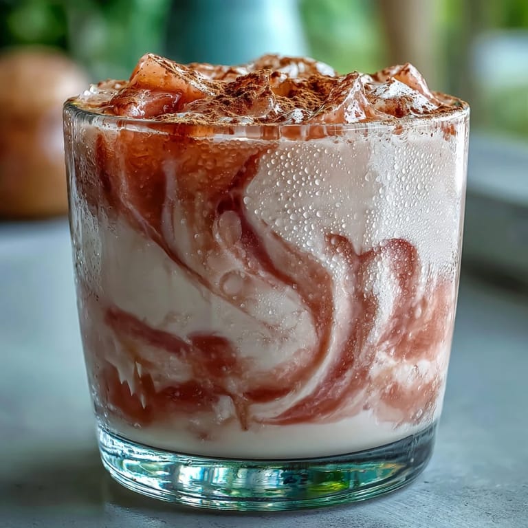 Overhead view of Guava Coquito with tropical guava marmalade hue, ready to serve with cinnamon garnish for Christmas celebrations.