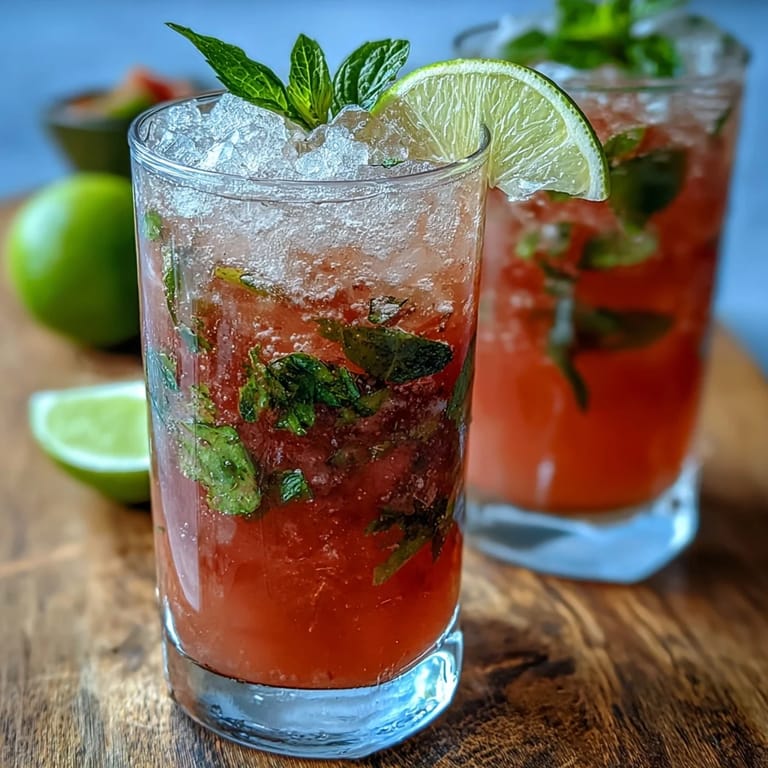 Vibrant pink Guava Mojito drink muddled with mint and lime, topped with bubbly club soda and fresh garnishes.