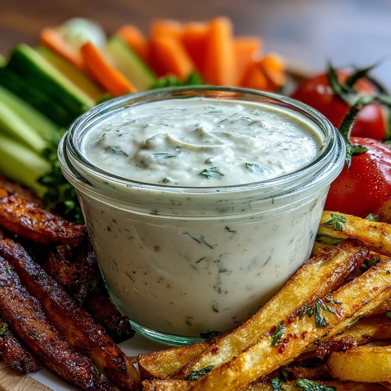 A bowl of zesty Southwest Ranch Sauce surrounded by crispy fries, celery sticks, and wings.