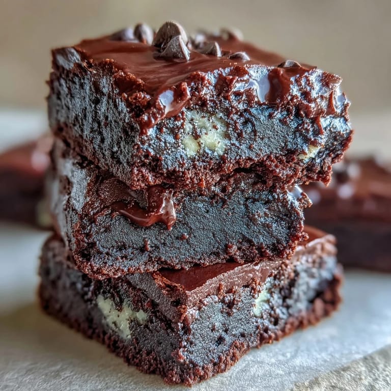 A close-up of Greek Yogurt Brownies with gooey dark chocolate chips and chopped walnuts, highlighting their moist texture on a cooling rack.