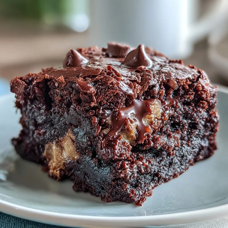 Warm Rich Peanut Butter Cup Dump Cake is served with a scoop of vanilla ice cream melting on top.
