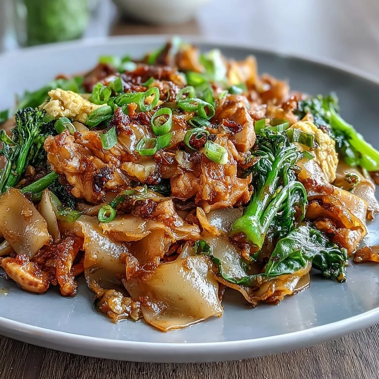 Close-up of Authentic Thai Pad See Ew in a wok, showing glossy dark soy sauce coating the noodles, chicken, and greens.