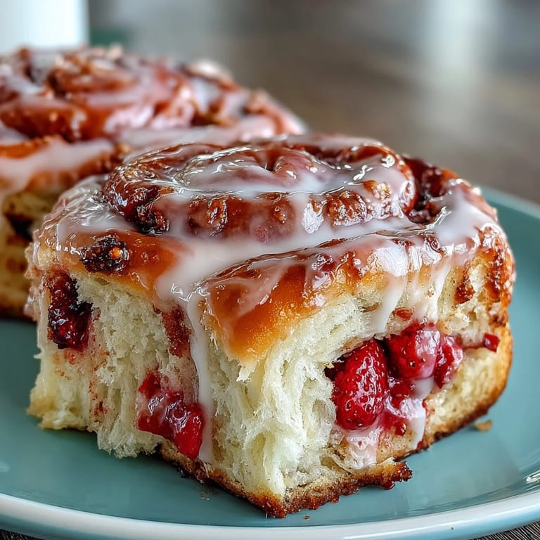 Decadent Strawberry Cinnamon Rolls topped with rich cream cheese frosting, ready to be served warm for dessert.
