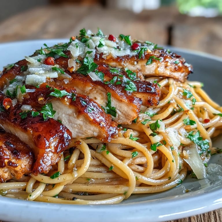 A skillet of Sticky Honey Garlic Chicken Pasta garnished with fresh parsley and red pepper flakes, perfect for a quick weeknight dinner.