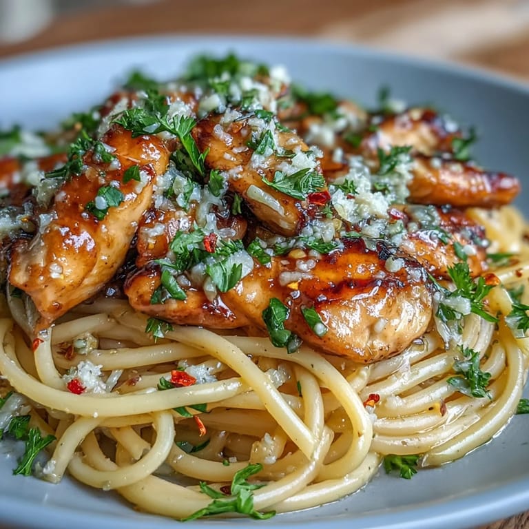 Serving suggestion of Sticky Honey Garlic Chicken Pasta twirled on a fork, highlighting the creamy honey garlic sauce and sautéed chicken.