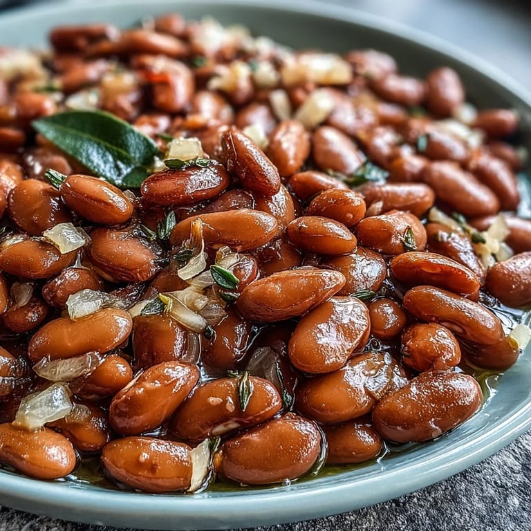 Tender, creamy pinto beans served as a hearty side dish in a bowl.