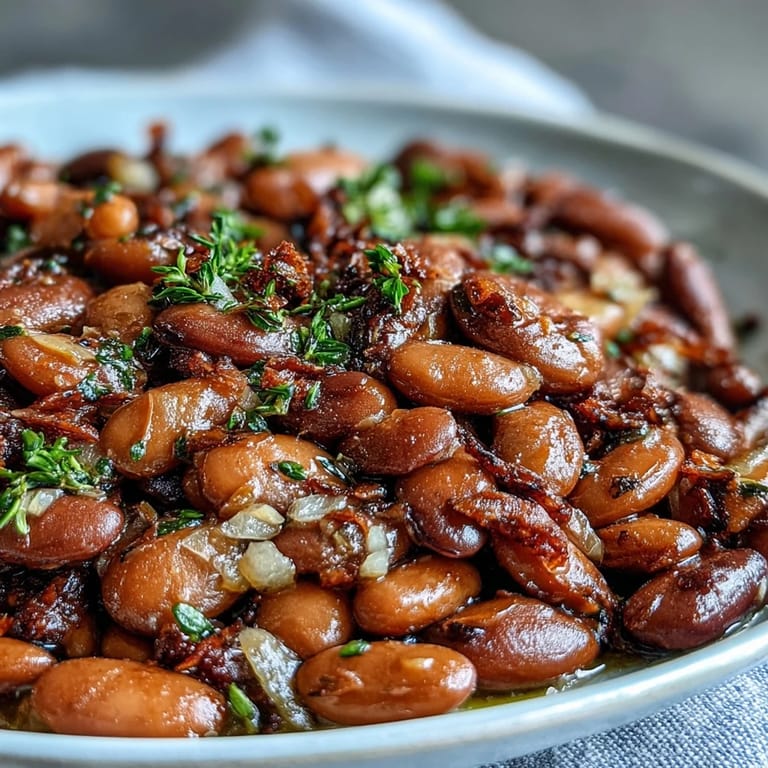 Seasoned pinto beans simmering in a pot with olive oil and aromatics.