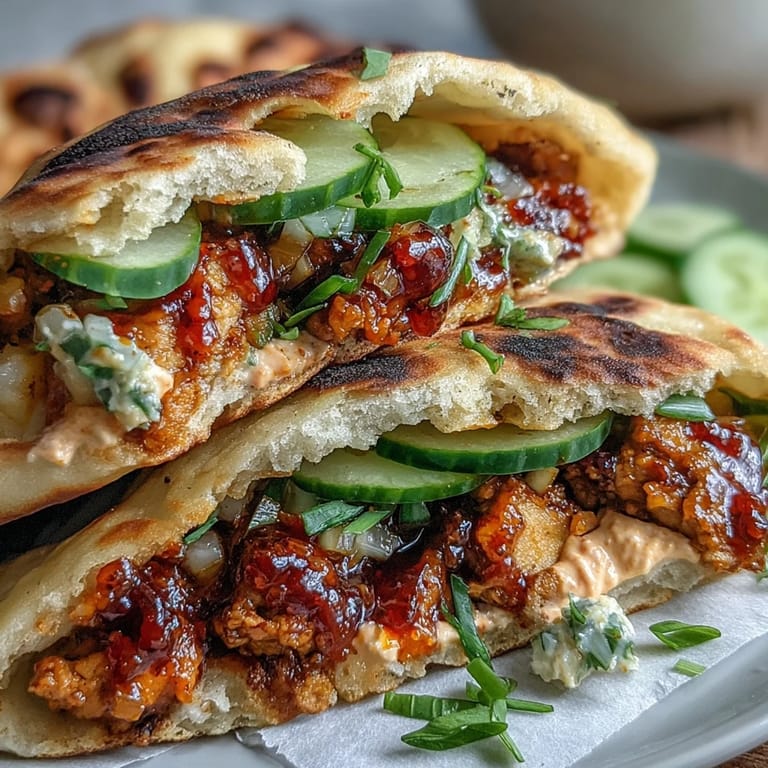 Freshly assembled Korean Turkey Stuffed Naan Pockets with cilantro and sesame seeds, showcasing the savory fusion street-food style.