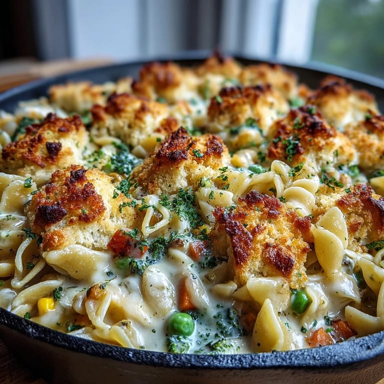 Creamy Veggie Pot Pie Pasta served in a warm skillet with a golden crumb topping.