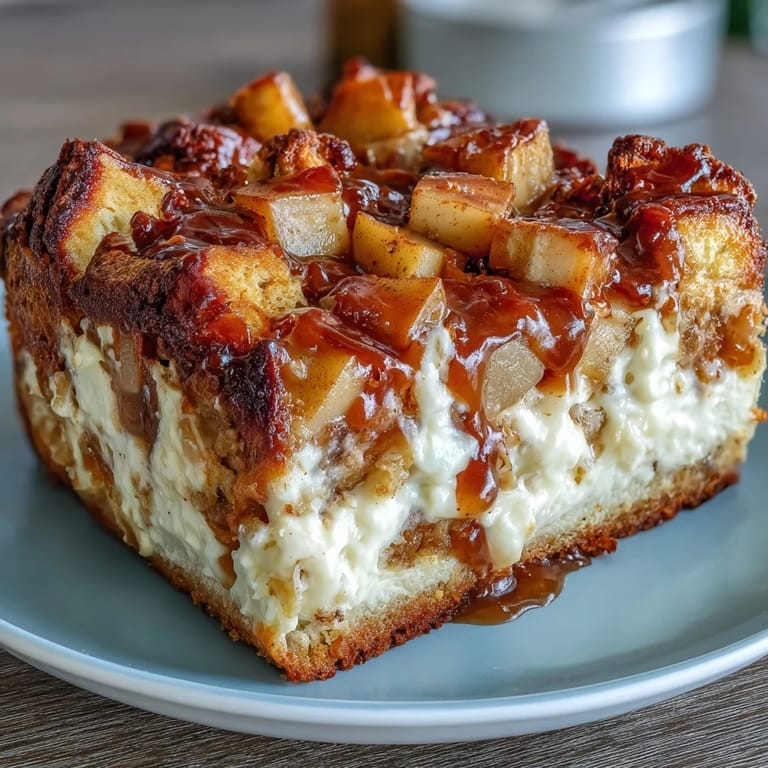 Golden-brown Caramel Apple Cheesecake Bread Pudding with cinnamon-spiced apples and creamy custard on a rustic wooden table.