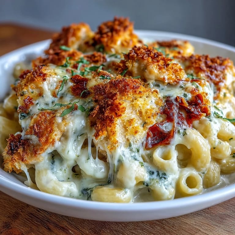 A close-up slice of Baked Pesto Chicken Mac & Cheese reveals creamy cheddar sauce and tender pesto marinated chicken.