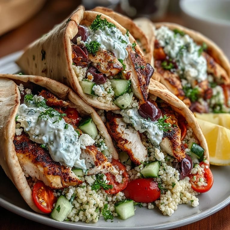 Freshly assembled Greek Chicken Feta Stuffed Pitas garnished with extra crumbled feta and chopped parsley.