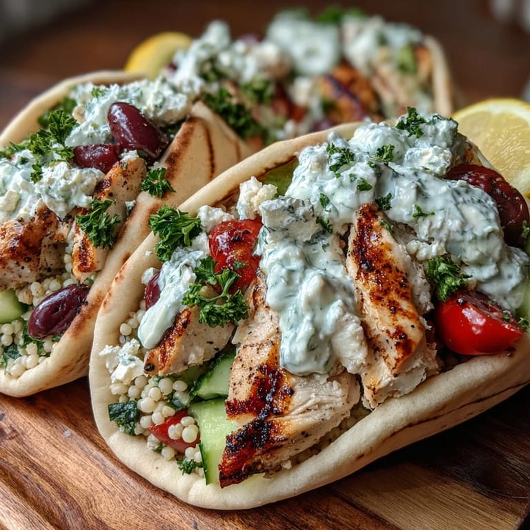 Juicy lemon-oregano chicken and vibrant Mediterranean salad peeking out of a soft, toasted pita bread.