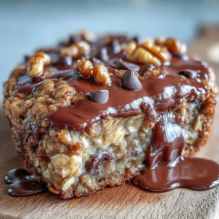 Warm slice of Chunky Monkey Oatmeal Cookie Skillet served with banana slices and a drizzle of chocolate on a rustic plate.