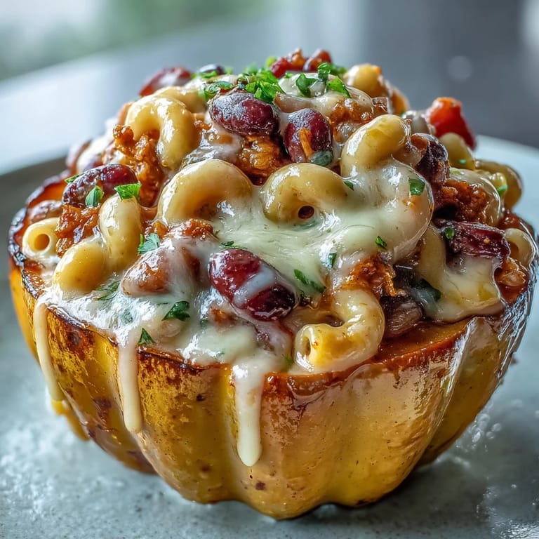 Golden-brown squash halves cradle a hearty scoop of homemade chili mac, topped with melted cheddar and fresh cilantro.