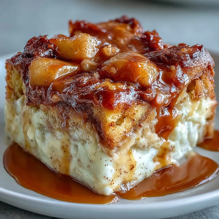 A close-up of Caramel Apple Cheesecake Bread Pudding with tender apples and rich cream cheese filling.