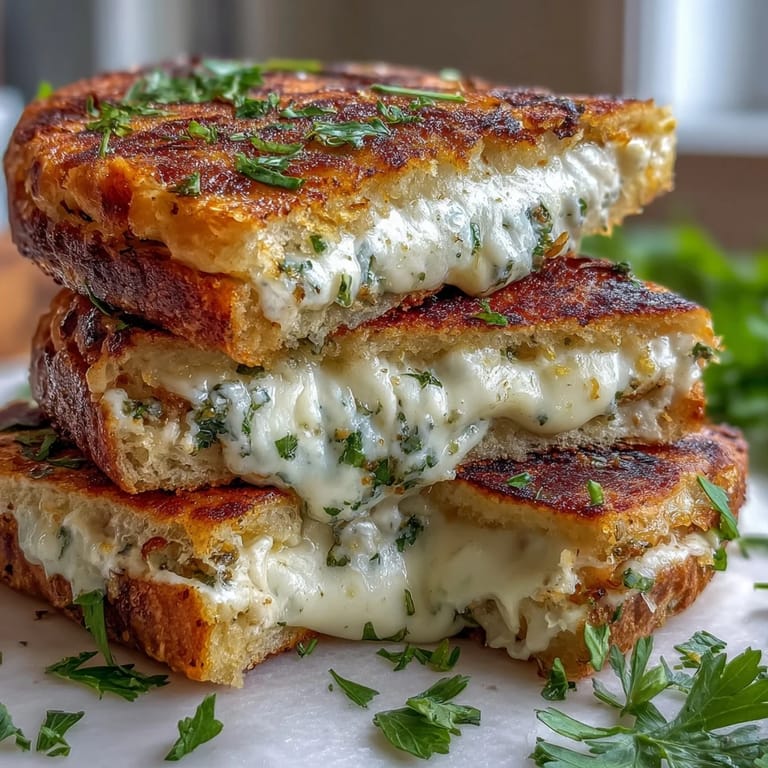 A side view of Brown Butter Garlic Naan Grilled Cheese, sliced to reveal layers of gooey cheese and aromatic garlic herbs.