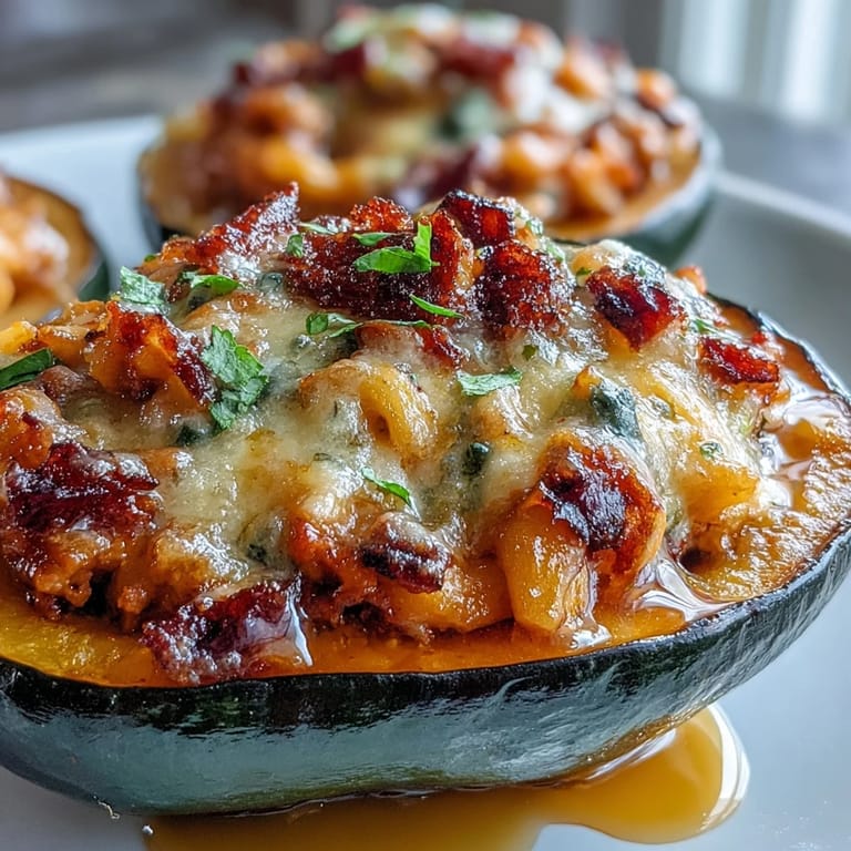 Steaming Hot Honey Chili Mac Stuffed Squash on a white plate, drizzled with spicy honey and garnished with cilantro and jalapeño slices.