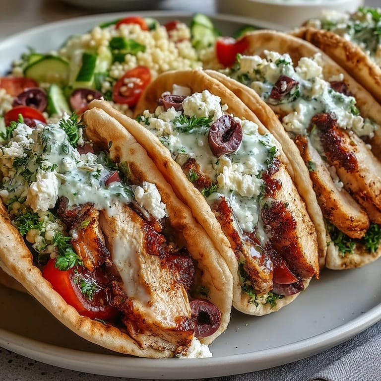 A vibrant Mediterranean platter features Greek Chicken Feta Stuffed Pitas, lemony couscous, and cool tzatziki sauce.