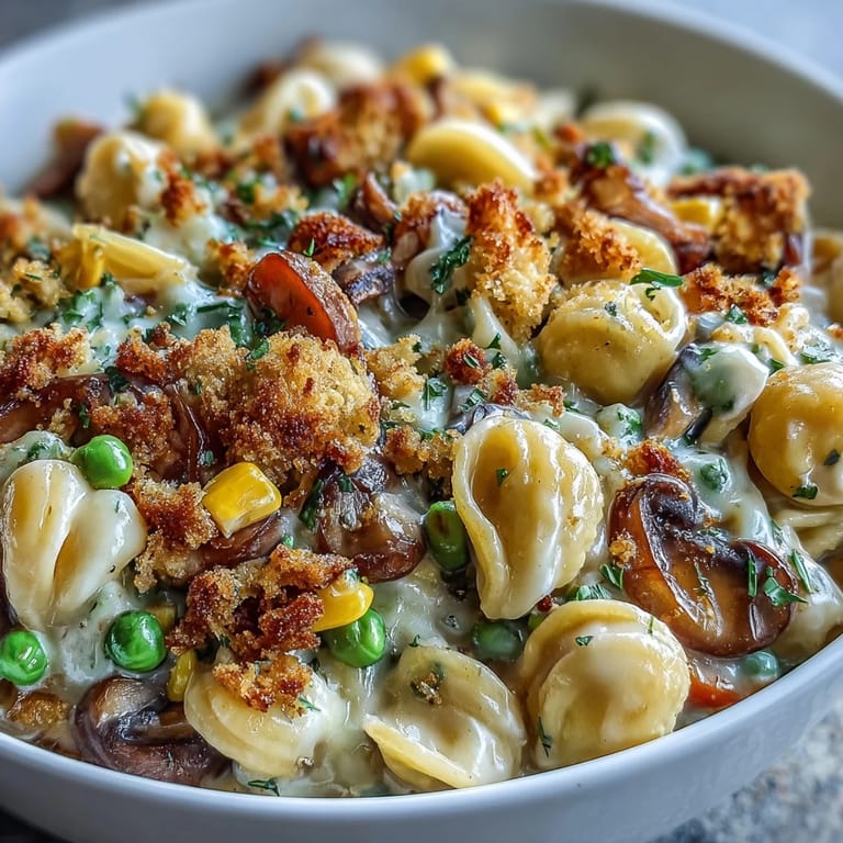 Serving Creamy Veggie Pot Pie Pasta in shallow bowls, showcasing biscuit topping and creamy vegetable sauce, with a side salad.