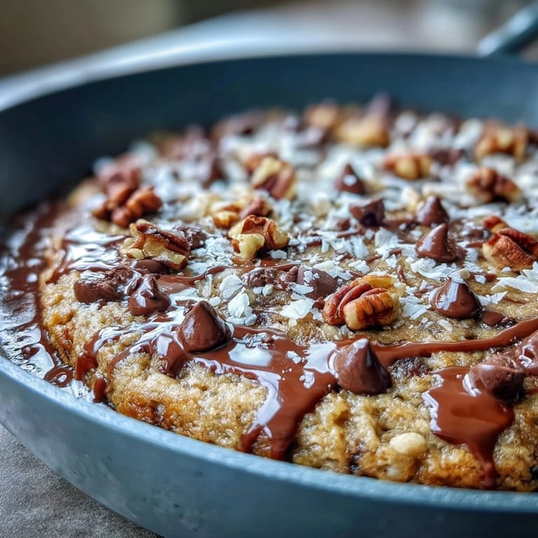 Fresh banana slices and chopped walnuts garnish this gooey, shareable skillet cookie dessert served directly from the pan.