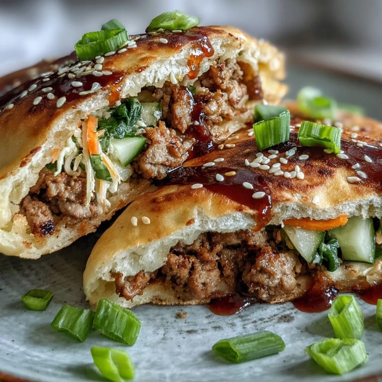 Golden-brown Korean turkey filling spiced with ginger and garlic nestled inside soft naan pockets with shredded carrots and sesame seeds.