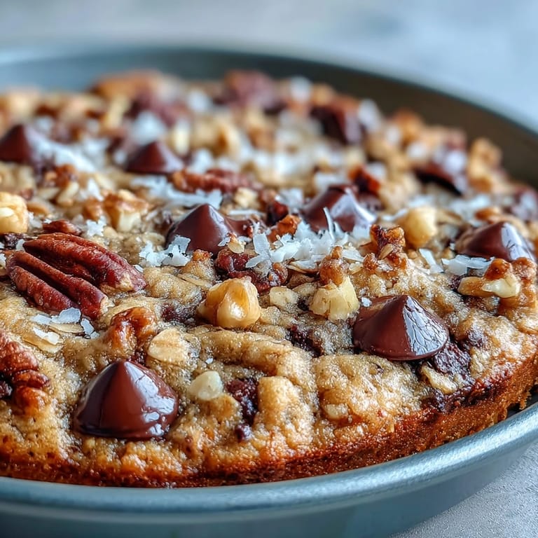 A spoonful of warm Chunky Monkey Oatmeal Cookie Skillet reveals melted chocolate and walnuts beside a scoop of ice cream.