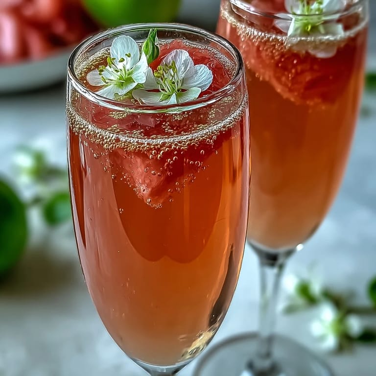 Elegant elderflower guava mimosa cocktail garnished with edible flowers and guava slices for brunch.