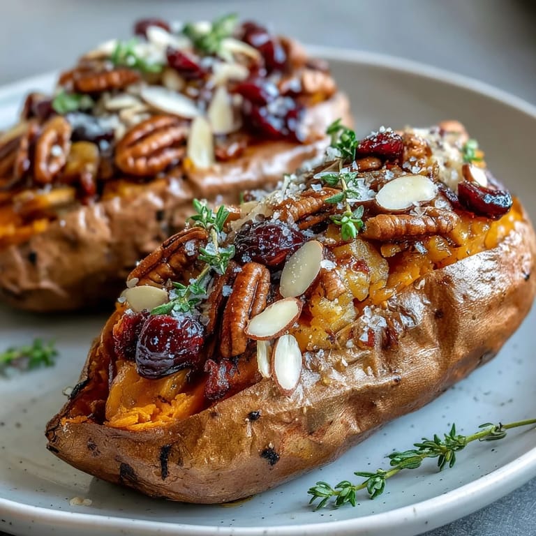 Warm and inviting cranberry apple twice baked sweet potatoes topped with toasted nuts, maple syrup, and a sprinkle of flaky sea salt.