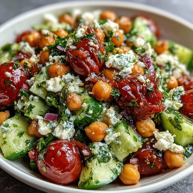 Protein-rich chickpea salad with cucumber, tomatoes, and creamy feta, perfect for a healthy vegetarian meal.  