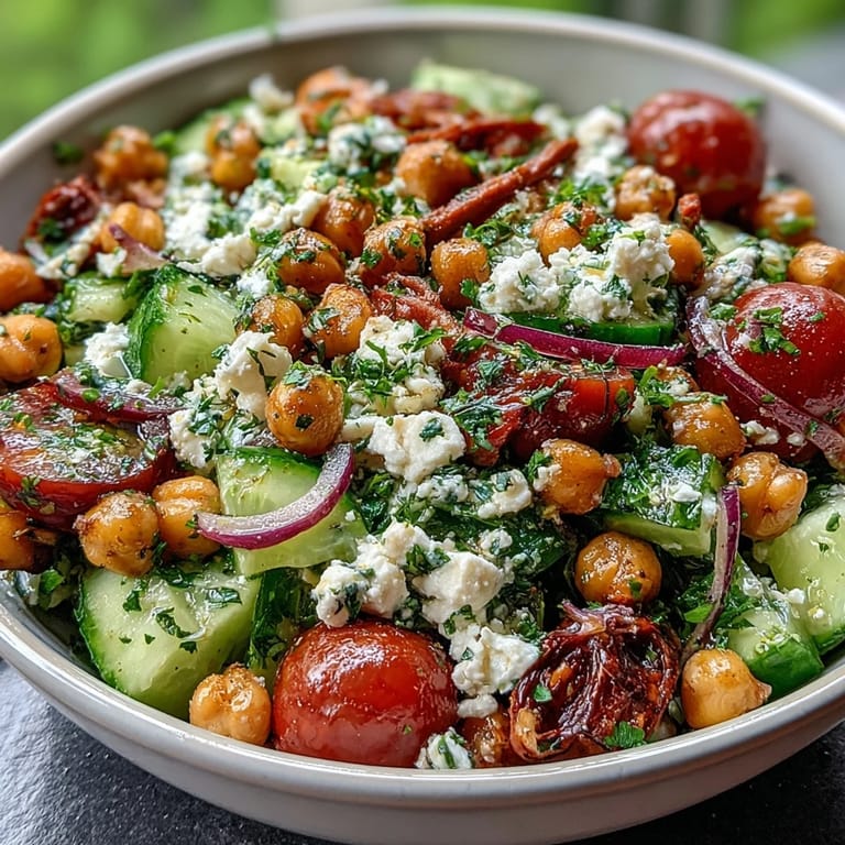 Bright Mediterranean chickpea salad with crisp cucumber, feta, and tangy lemon-oregano vinaigrette, served chilled.