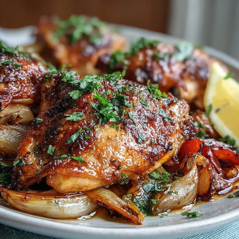 Juicy chicken thighs seasoned with paprika, served alongside sweet roasted bell peppers and caramelized onions.  