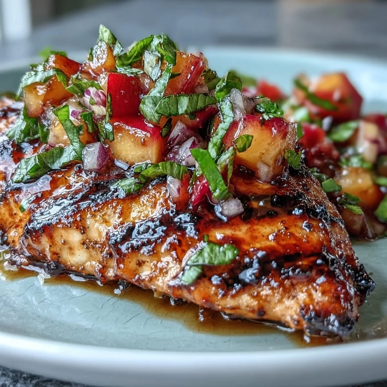 Juicy grilled chicken topped with vibrant peach basil salsa, combining smoky flavors with fresh, fruity sweetness.  