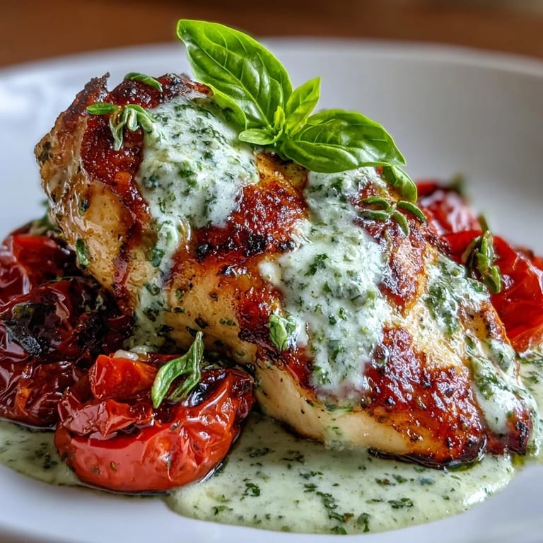 Low-carb chicken breasts in rich basil pesto cream sauce, topped with caramelized cherry tomatoes for a satisfying keto dinner.