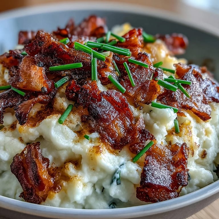 Roasted cauliflower mash with melted cheddar, butter, and bacon, an indulgent yet healthy alternative to mashed potatoes.