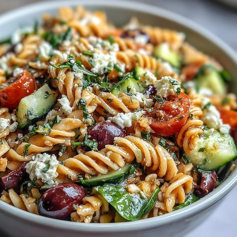 Colorful Greek pasta salad featuring whole grain fusilli, crunchy bell peppers, baby spinach, and creamy light feta, perfect for healthy summer lunches.