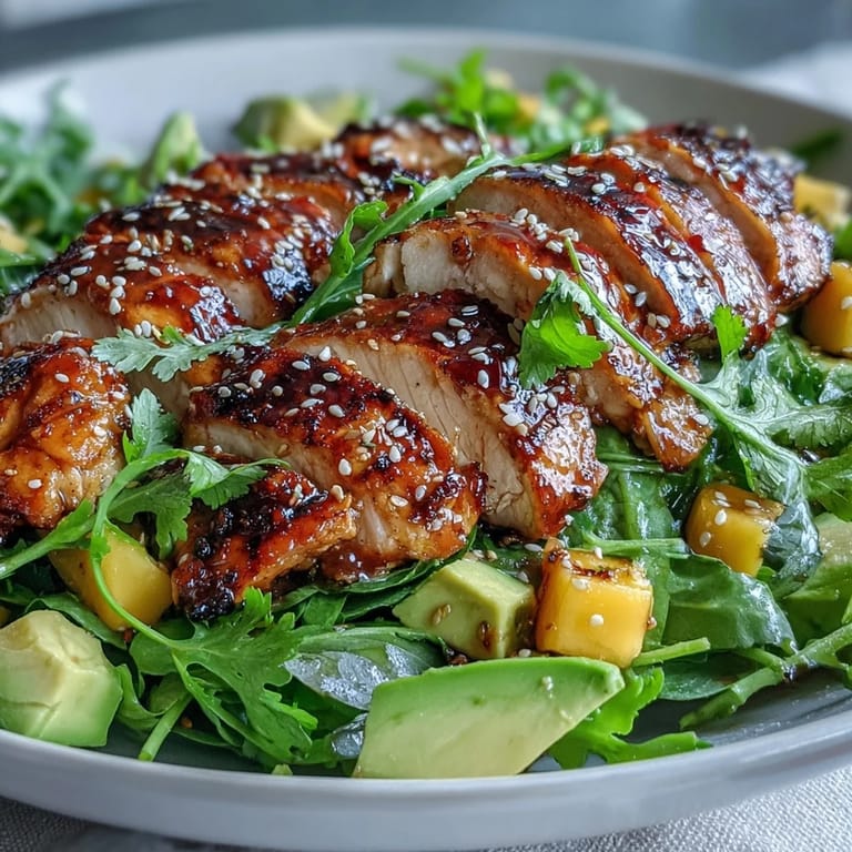 Refreshing salad of grilled mango green tea chicken, crunchy veggies, and creamy avocado topped with sesame seeds.