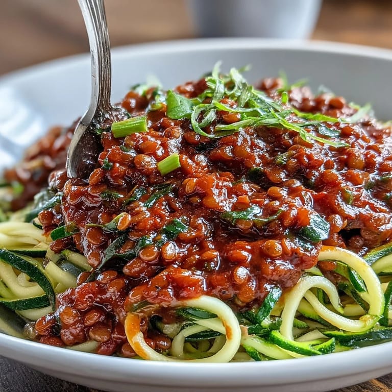 A close-up of steaming vegan lentil Bolognese nestled atop spiralized zucchini and carrot noodles, garnished with chopped parsley and a dusting of nutritional yeast.