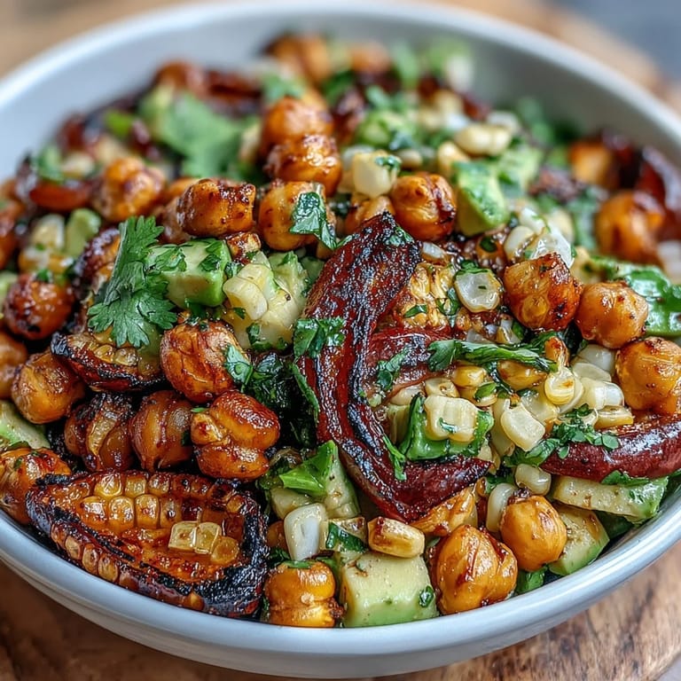 Hearty vegan chili lime street corn salad featuring roasted corn, chickpeas, and smoky spices, perfect for summer meals or gatherings.