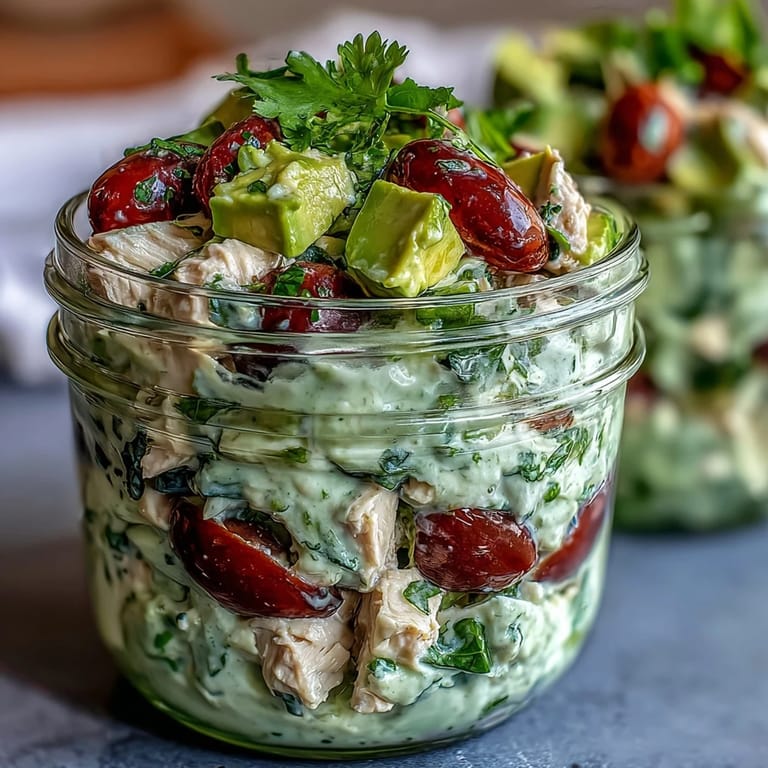 Fresh avocado chicken salad layered in mason jars with cherry tomatoes, cucumber, and spinach for a quick, healthy keto lunch.