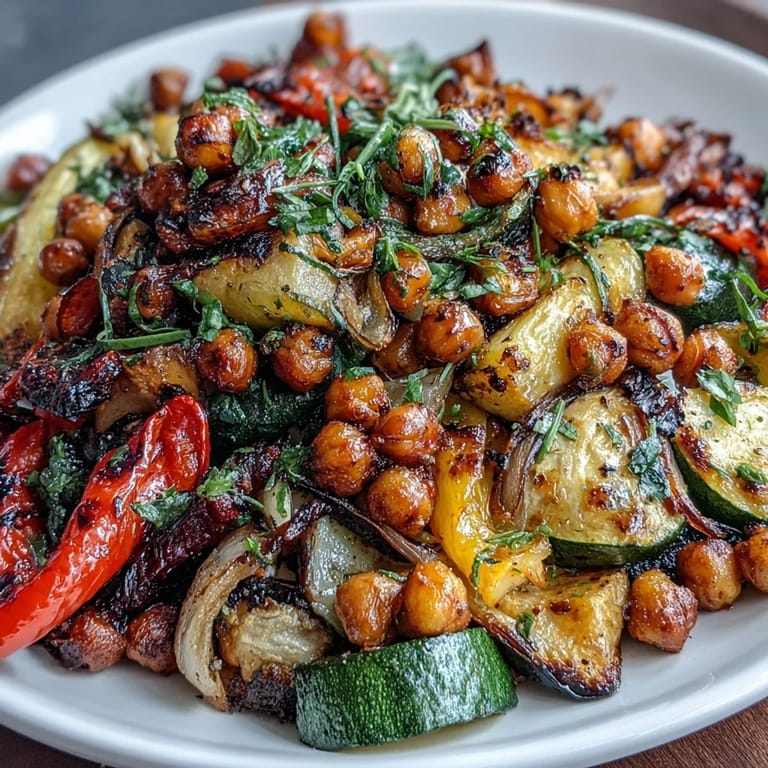 Vibrant roasted vegetables and chickpeas, seasoned with lemon, garlic, and herbs, creating a fragrant and hearty plant-based side dish.