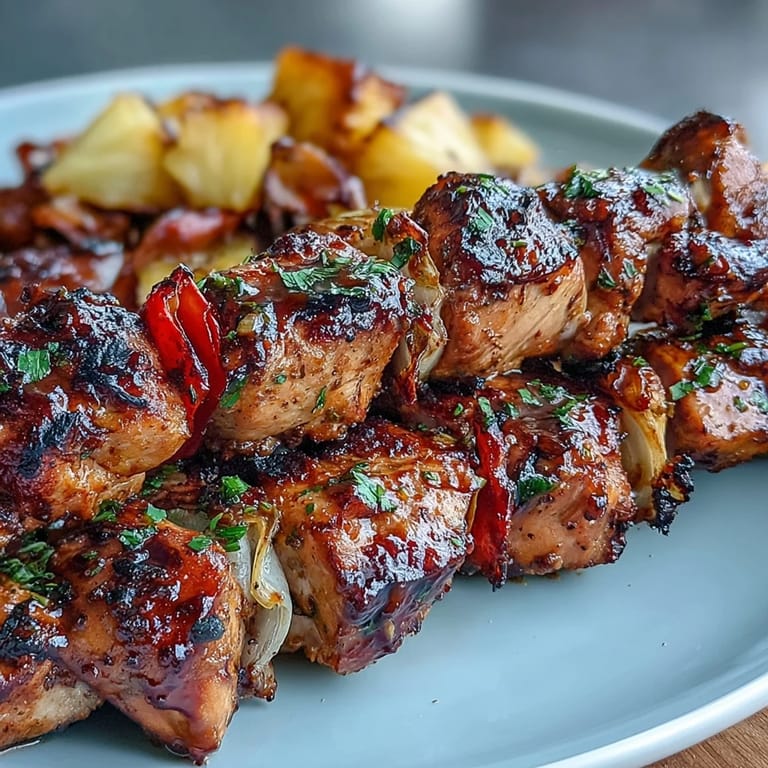 Vibrant chicken skewers marinated in jerk seasoning, grilled with sweet pineapple and colorful peppers for a tropical feast.  