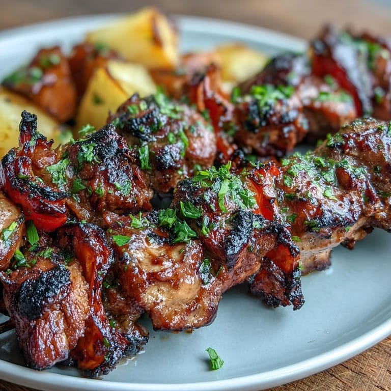 Spicy jerk-marinated chicken, pineapple, and bell pepper skewers sizzling on the grill, bursting with Caribbean flavor.