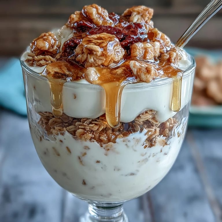 Tangy Greek yogurt parfait with golden honey drizzle, crunchy granola, and vibrant fresh berries.