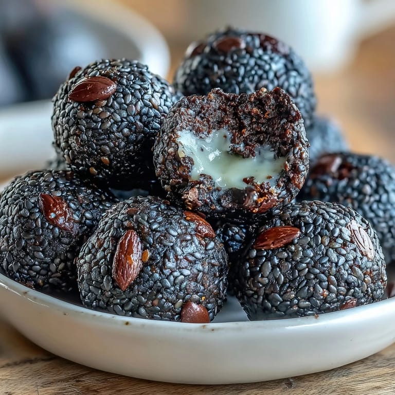 Nutritious black sesame energy balls rolled with oats and chia seeds for a healthy, portable treat.