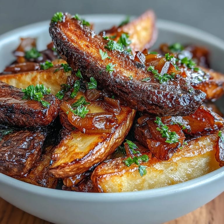 Oven-baked steak fries generously coated with buttery garlic and sweet caramelized onion, perfect for sharing with family and friends.
