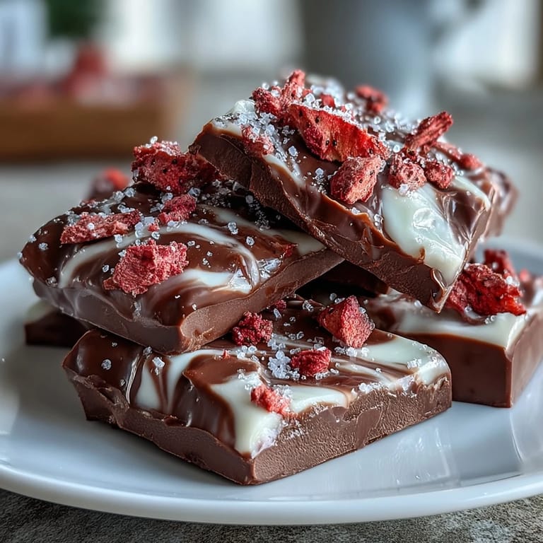 Rich, marbled chocolate bark featuring vibrant red strawberries and sparkling sprinkles—a perfect sweet treat for Valentine's Day.