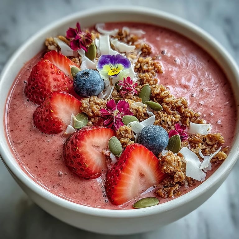 A vibrant Galentines brunch strawberry smoothie bowl topped with crunchy granola and fresh berries, perfect for sharing with friends.