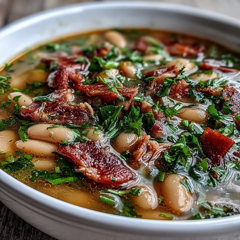 Southern-style Ham and Butter Bean Soup garnished with parsley and chives, served in a rustic bowl with crusty bread.  